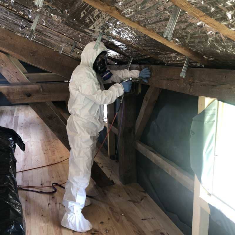 Technicien BDX Termites Saint-André-de-Cubzac en combinaison de protection traitant une poutre de charpente